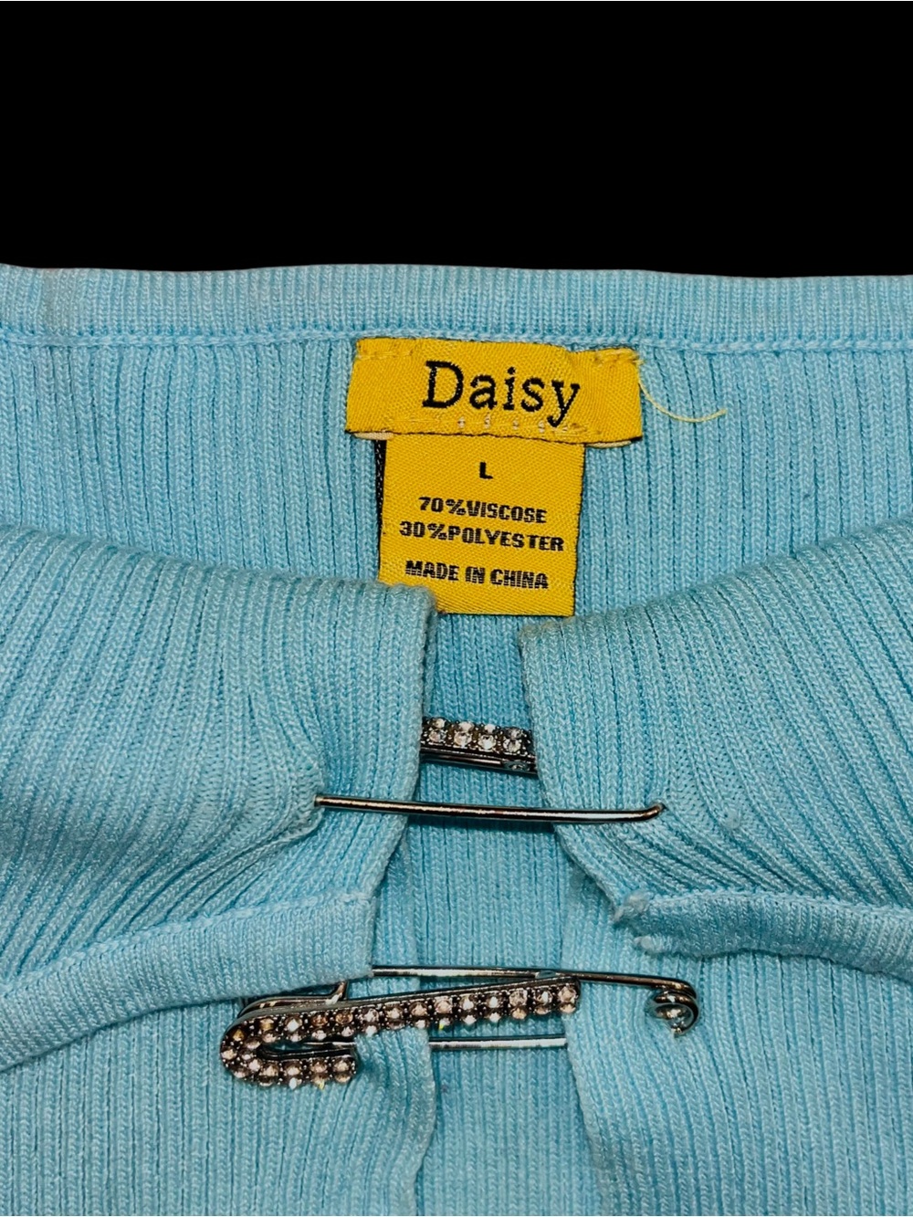 Y2K Rhinestone Safety Pin Blue Ribbed Cami - Picture 2 of 5